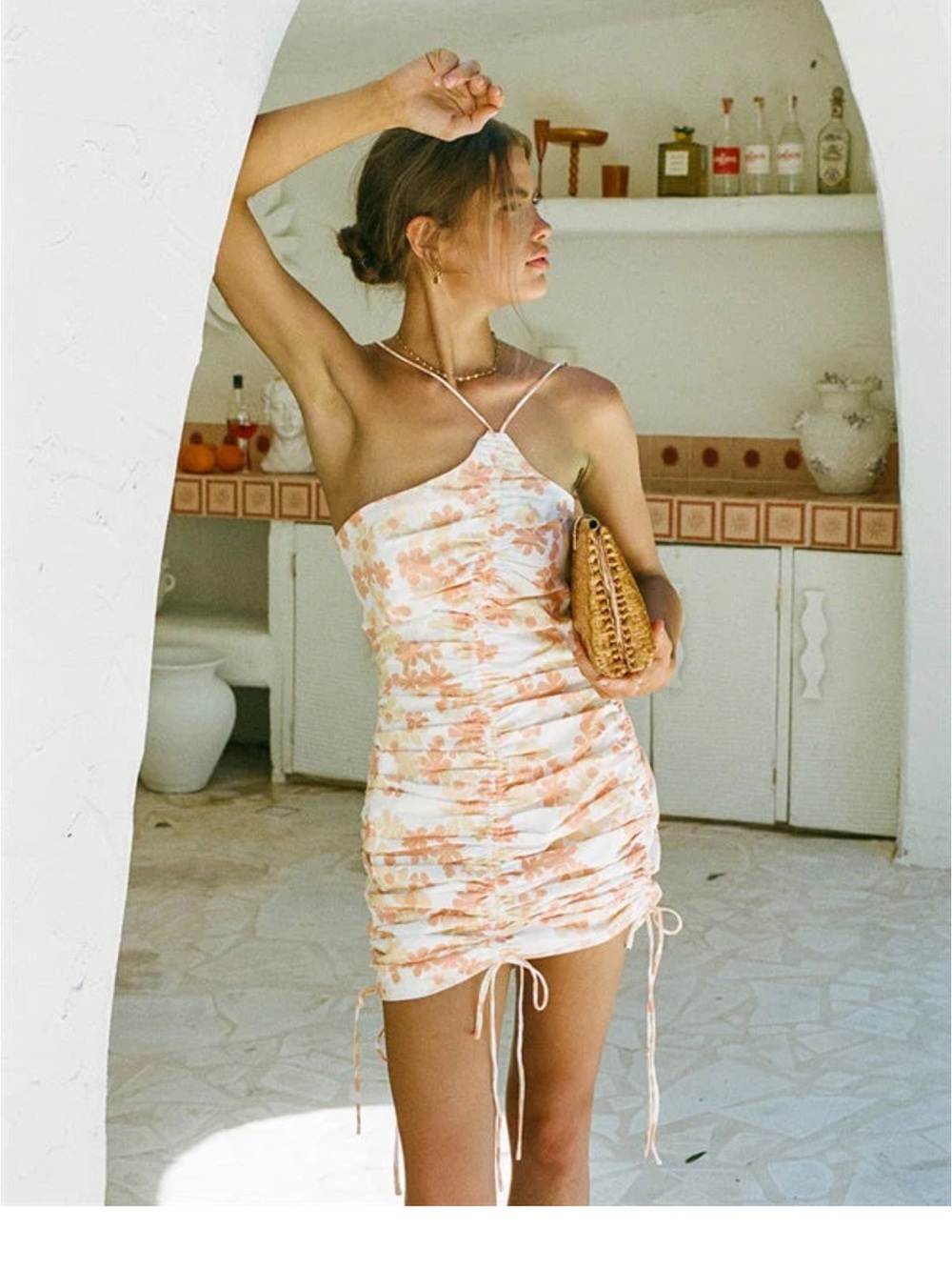 Sabo Skirt Orange and Cream Floral Ruched Mini Dress
